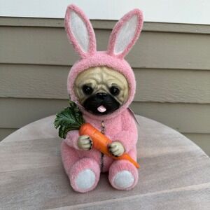 Humane Society Pink Easter Bunny Suit Pug Dog With Carrot Statue Figurine New